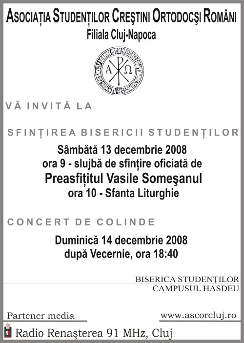 ASCOR Cluj, va invita la Sfintirea Bisericii si Concert de Colinde